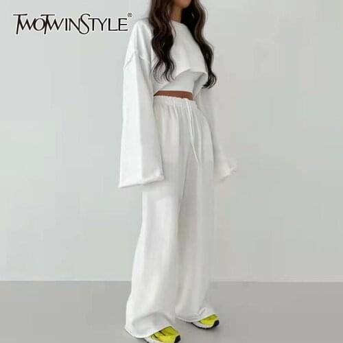 TWOTWINSTYLE Casual Fitness Sets For Femlae O Neck Cropped Top High Waist Loose Pants Womens Sportswear Set Fashion 2021