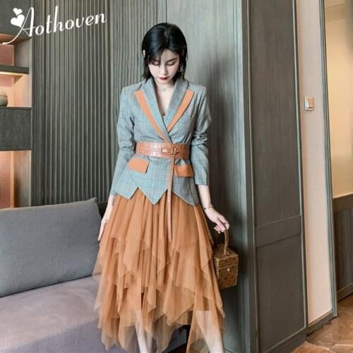 2 Piece Set Autumn Vintage Women Suit Plaid Full Sleeve V Neck Suit Top and Mesh Skirt Office Two Piece Set Elegant Vestidos