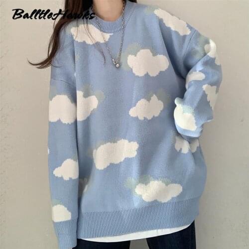 Korean Cartoon Cloud Women Sweater Chic Causal Oversized Knitted Pullover Tops 2021 Autumn New Pull Jumpers Sweet
