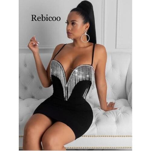 Autumn New Womens Fashion Sexy Bandage Dress Blue White Pink Black Spaghetti V-neck Tassel Party Christmas Dress