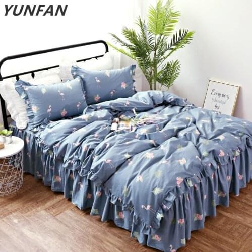 2019 Luxury Washing cotton Flamingo Bedding Set Twin Queen King size Bed set Duvet Cover flower lace ruffle bed skirt pillowcase