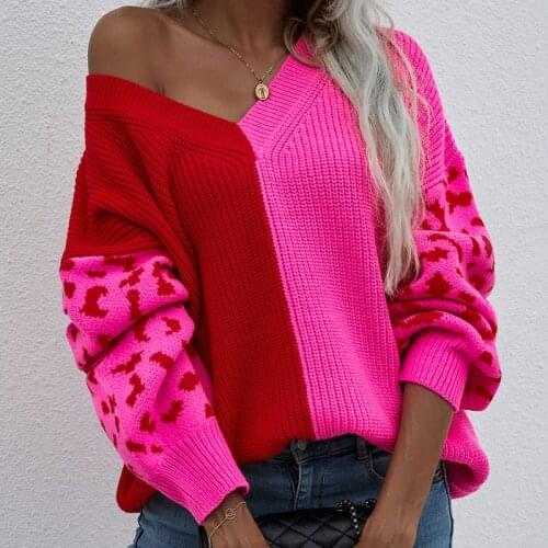 2021 Autumn Winter Leopard Sweater Patchwork Colour Casual V Neck Pullover Knit Top Woman White Jumper Oversize Vintage Femme