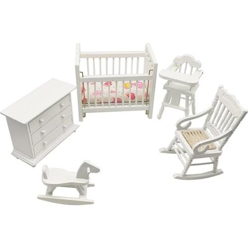 5pcs/set 1/12 Mini Rocking Horse +Crib +Closet Furniture Set For Dollhouse Accs