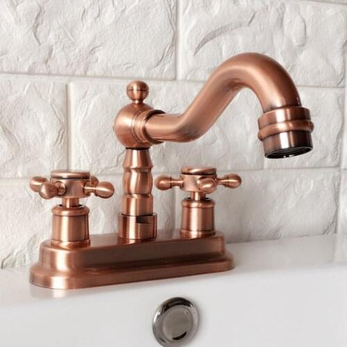 Antique Red Copper Brass Deck Mounted Dual Cross Handles 4" Center Hole Bathroom Two Holes Basin Faucet Swivel Mixer Taps mrg047