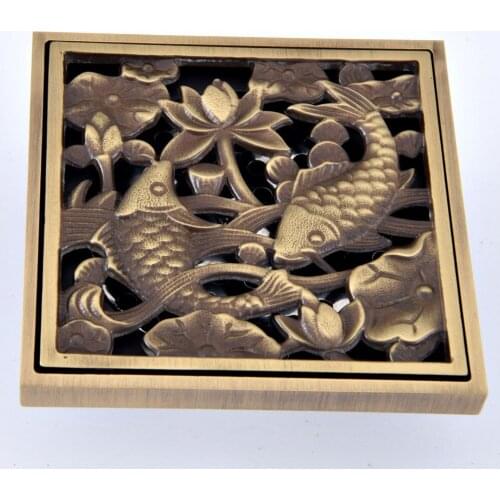 Antique Brass Vintage Retro Carved Flower Pattern Bathroom Shower Drain 4" Square Floor Drain Waste Grates ahr081