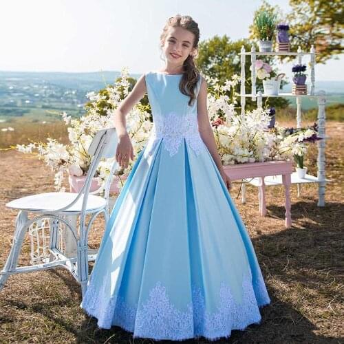 Lovely Blue Floor Length Kid Birthday Dresses Jewel Neck Sleeveless Lace Appliques Satin Baby Girls Prom Gown for Wedding