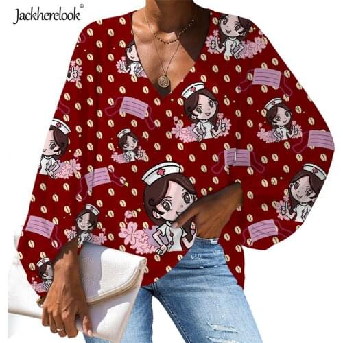 Jackherelook Harajuku Shirts Womem Nurse Doctor Print Woman Chiffon Blouses Casual Loose Long Sleeve Nursing Clothes Droshipping