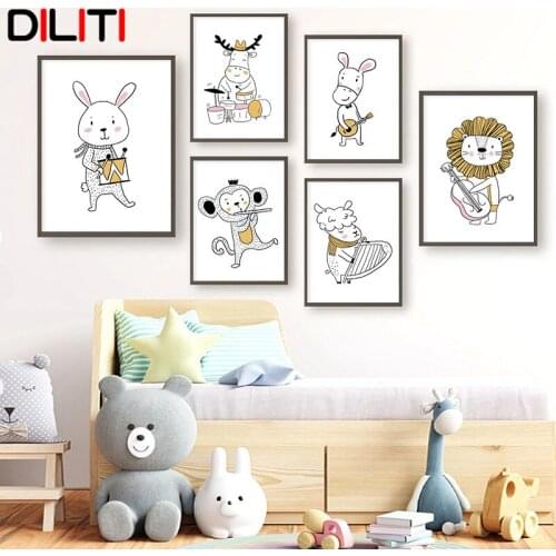 Kawaii Animal Band Wall Art Lion Sheep Rabbit Deer Monkey Canvas Painting Nordic Poster and Print Pictures Kids Room Decor