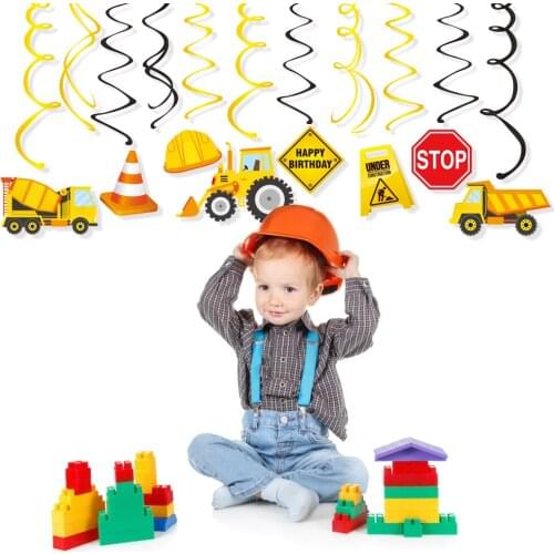 Boy Happy Birthday Party Favor Decoration Cartoon Car Hanging Swirl Construction Theme Warning Slogan Spiral Kids Party Supplies