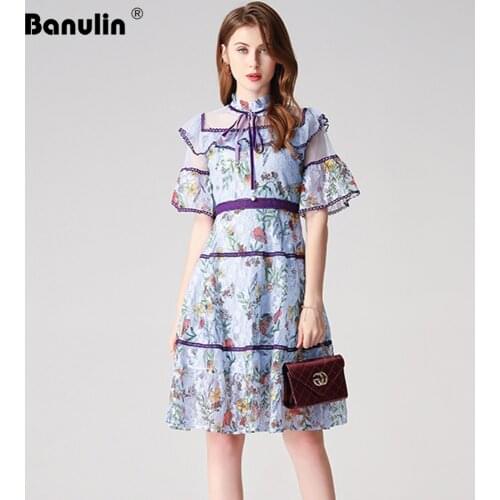 Banulin Runway Summer Sweet Lace Dress Female Elegant Ruffles Slim Party Mini Dresses Sexy Lace Floral Embroidery Work Vestidos