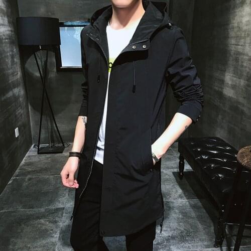 Autumn windbreaker men 's new 2019 hooded medium long jacket Korean slim solid coat thin one for hair