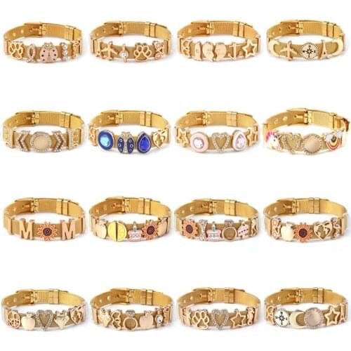 New Arrival Gold Color 10mm Stainless Steel Keeper Mesh Bracelet Set With Love Heart Charms Slide Bads For Women Jewelry Gift