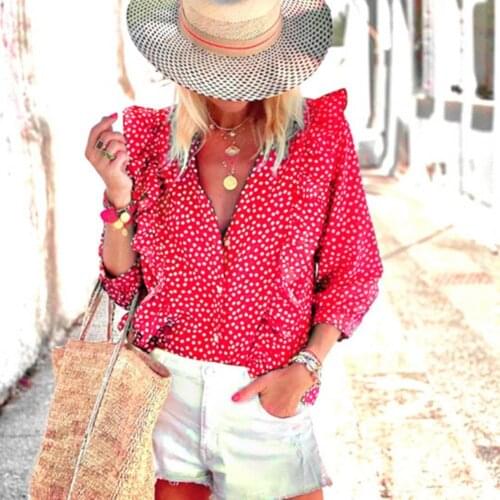 Polka Dots Print Button Up Shirts Women Long Sleeve Blouse Korean Fashion Clothes Chiffon Streetwear Plus Size Tops Spring New