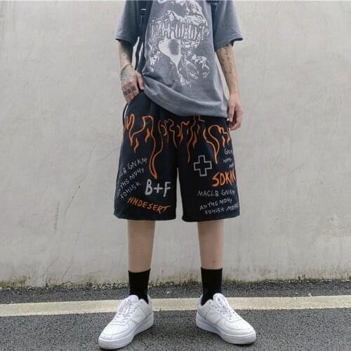 Harajuku Flame Print Shorts Women Streetwear Shorts Vintage Graffiti Shorts Casual Man Shorts Loose High Waist Shorts Cotton