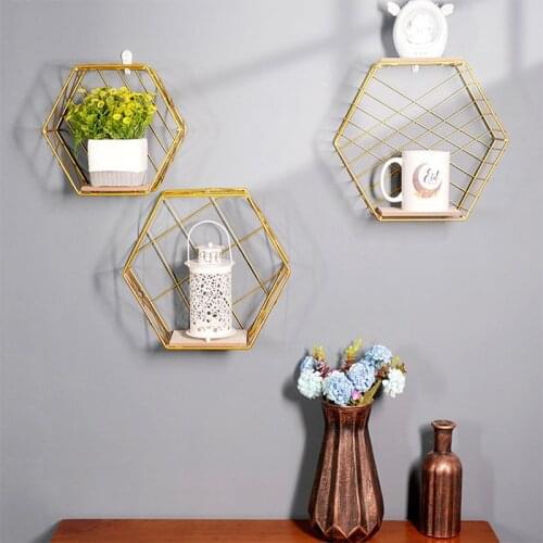 Home Decoration Rack Storage Rack Wall-Mounted Nordic Style Hexagon Storage Bookshelf Vase Shelf Room Office Metal Decoration