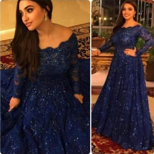 Dark Blue Muslim Evening Dresses A-line Long Sleeves Lace Beaded Islamic Dubai Saudi Arabic Long Elegant Evening Gown