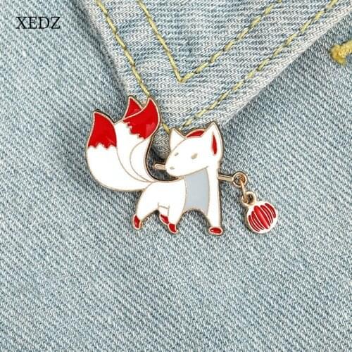 XEDZ Cartoon cute red three-tailed fox animal enamel brooch red hydrangea toy white body fox badge clothing pendant jewelry gift