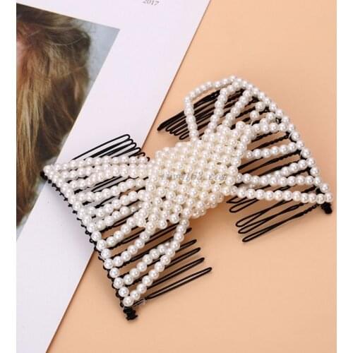Womens Handmade Imitation Pearl Beaded Jewelry Magic Hair Side Combs 20 Tooth Stretchable Double Clips Styling Hairpins