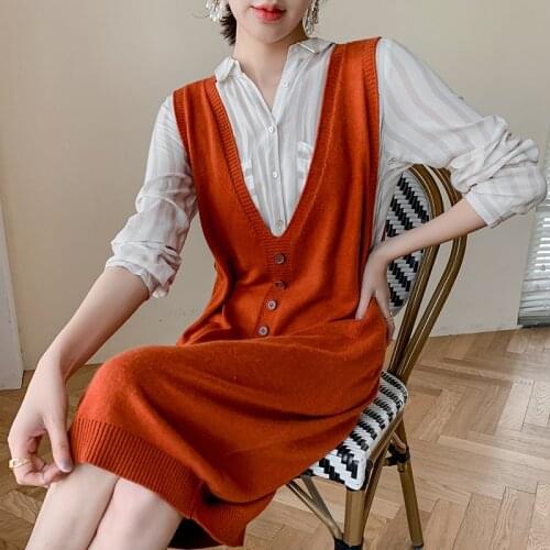 Adishree 2021 women winter Cashmere sweaters and autumn women knitted Pullovers High Quality Long Dresses Female V-neck