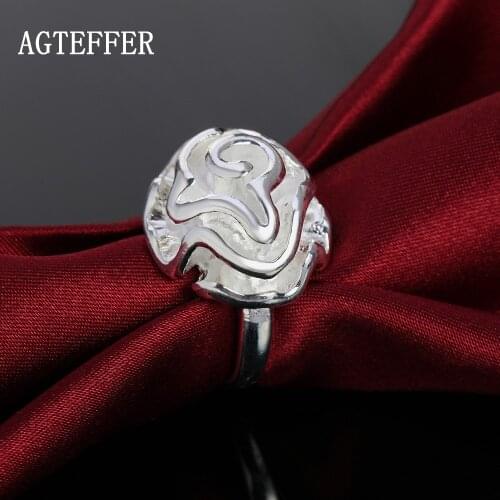 AGTEFFER 925 Sterling Silver Rose Flower Ring For Women Fashion Wedding Engagement Party Gift Charm Jewelry
