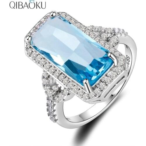 Hot Sale 925 Silver Jewelry Rings Rectangle Sapphire Ring with Clear Zircon Stones 4.5g Ring Luxury Gift for Women