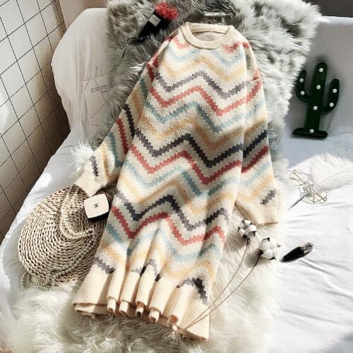 Long Sweater Dress Over The Knee Loose Korean 2019 New Autumn and Winter Rainbow Striped Knit Dress Female Thick Warm Top f2342