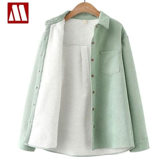 2021 Winter Womens Corduroy Shirts Ladies Warm Plus Velvet Shirt Simple College Style Ladies Casual Thick Blouses Coat Clothes