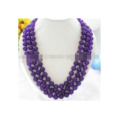 3 Rows 8mm Purple Jade Round Gemstone Beads Necklace 17-19