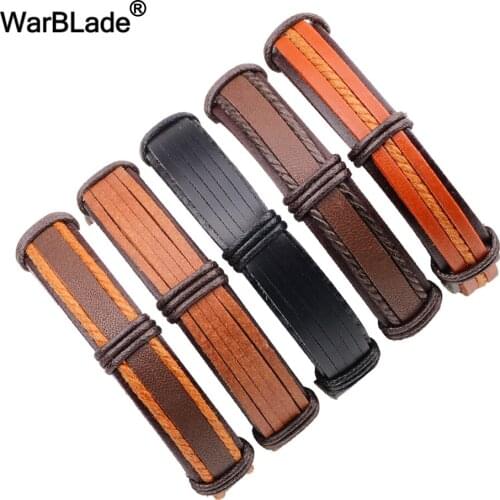 WarBLade 2018 New Genuine Leather Men Bracelet Vintage Charm Braided Bracelets Bangle Punk Wrap Wristband For Male Jewelry 5pcs