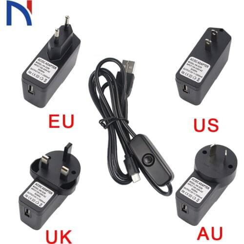 Supply 5V 2.5A Power EU US UK AU Plug Switch Button Micro USB Power Charger Adapter and Cable For Raspberry Pi 3