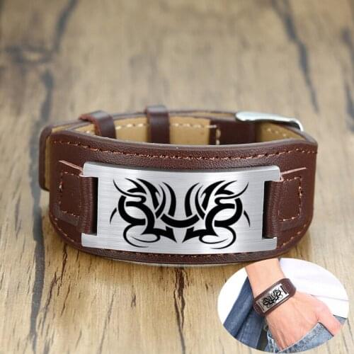 Personalized Free Custom Logo Genuine Brown Leather Bracelet Stainless Steel ID Tag Wrist Wrap Engraved Name Logo Bangle Gift