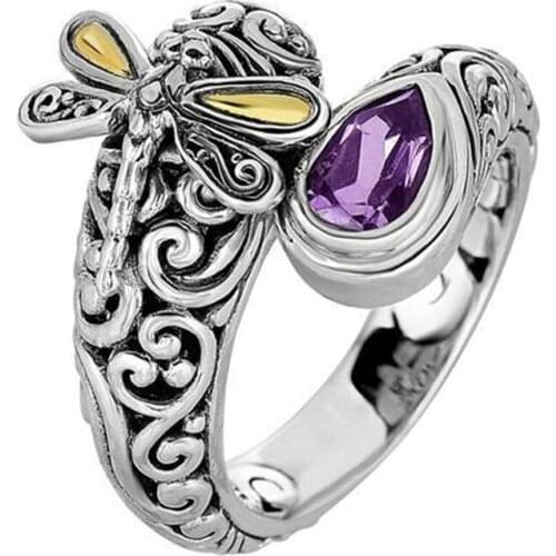 Boho Vintage Silver Color Dragonfly Ring Carving Pattern Purple Crystal Inlaid Water Drop Stone Rings for Women Hip Hop Jewelry