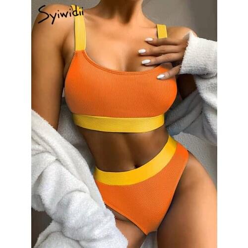 Syiwidii Patchwork Bikini Women Splicing 2 Pieces Set High Waist Bathing Suit Swimming Beachwear Brazilian Ribbed Swimsuit New