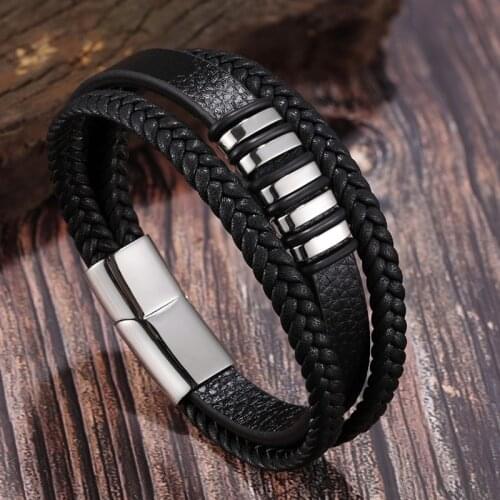 Leather Bracelet For Men Fashion Jewelry Stainless Steel Magnetic Clasp Black Genuine Leather Braided Charm Rope Chain Bangles
