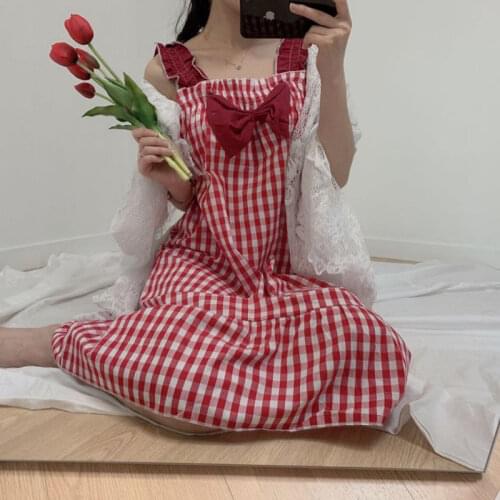 Red Plaid Print Summer Nightgown Women Big Bow Sleeveless Slash Neck Ins Home Clothes Japan Cotton Kawaii Sleepwear Knee-Length