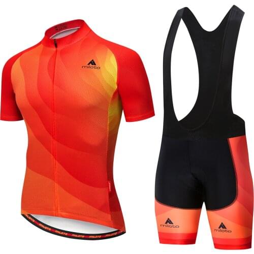 Miloto Mens Short Sleeve Cycling Jersey with Bib Shorts Orange Bike Padded Shorts / Chamois Clothing Suit Breathable 3D Pad MTB