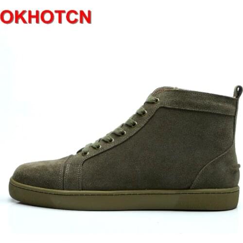 Lace Up Leather High Top Sneakers For Men Solid Army Green Luxury Shoes Breathable Suede MenS Flats Men Casual Shoes Big Size
