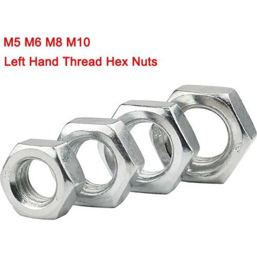 Zinc Plated Carbon Steel Left Hand Thread Hex Nut Full Nuts Reverse Thread Hex Hexagon Nuts Left Tooth Nuts Metric M5 M6 M8 M10
