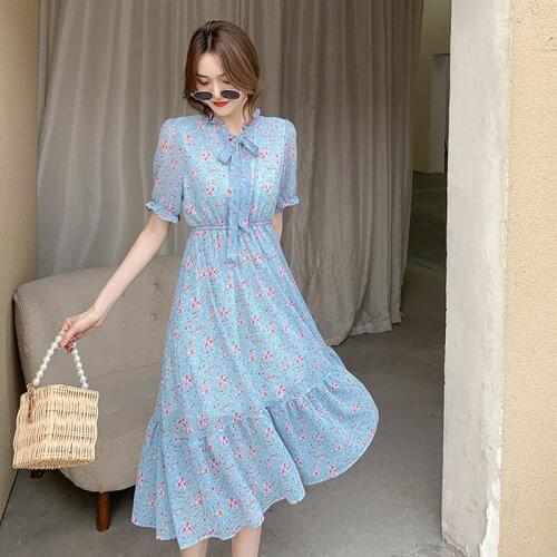 Dresses for Women 2021 Summer Short-sleeved Korean Chiffon Flower Skirt Women Vintage Bow Puff Sleeve White Elegant Blusas 0668