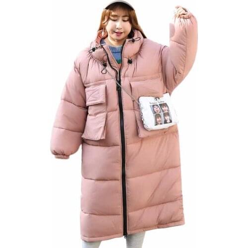 NEW Super Large size Down cotton jacket womrn winter long parkas Big pocket High collar Thicken cotton coats female Plus size