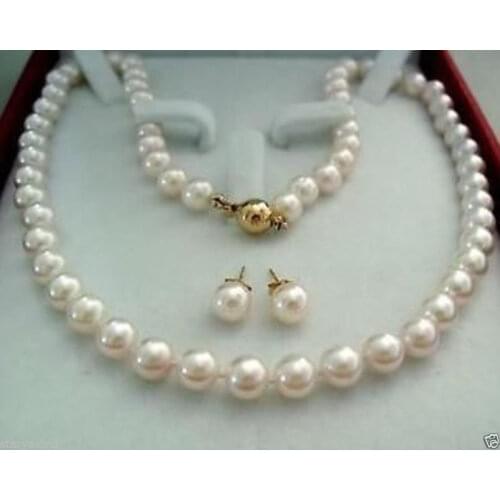 14K Gold Clasp 8-9MM AAA+ White Akoya Cultured Pearl Necklace Earring