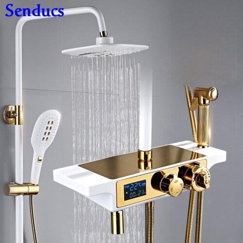 Senducs Black Gold Bathroom Shower Faucet Luxury Digital Gold Shower System Quality Brass Thermostatic Bathroom Shower Set