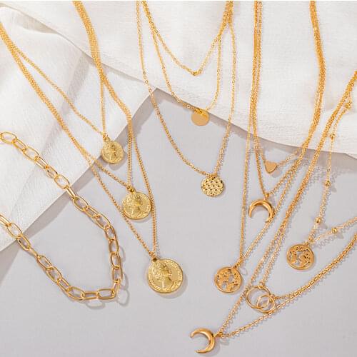 Vintage Multilayer Crystal Pendant Necklace For Women Gold Color Beads Moon Star Horn Crescent Choker Necklace Jewelry New