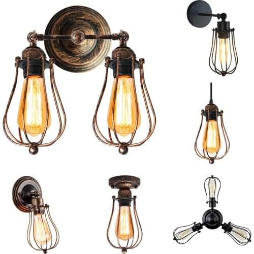 Vintage Wall Light E27 Adjustable Industrial Wall Lighting Rustic Wire Metal Cage Sconce Retro Wall Lamp Bedside Lights Fixture