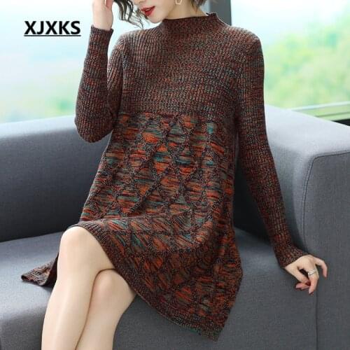XJXKS 2020 Winter New Women Turtleneck Long Sweater Comfortable Cashmere Knitted Dress Women Pullover