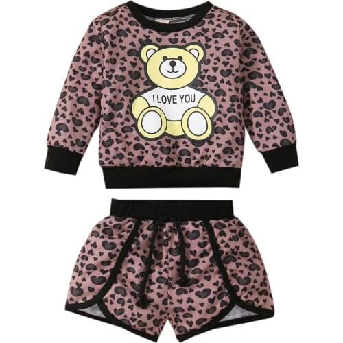 0-6Y Autumn Lovely Kids Girls Clothes Sets 2pcs Cartoon Bear Leopard Printed Pullover Sweatshirt Tops Shorts