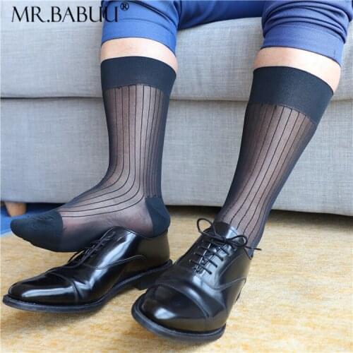 2Pair/lot Mens single sole striped thin translucent nylon Japanese TNT 4 color medium tube business formal stockings