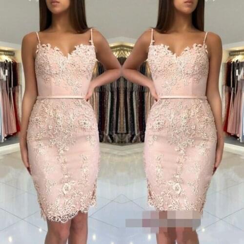2020 Cheap Blush Pink Homecoming Dresses Lace Appliques Short Mini Spaghetti Straps Sashes Sheath Sweetheart Party Graduation