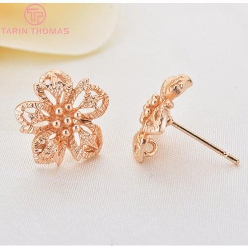 6PCS Flower 13.5MM 24K Champagne Gold Color Plated Brass Flower Stud Earrings Diy Jewelry Findings Accessories wholesale