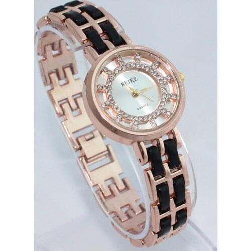 Hot Popular Brand New Rose Gold Black Strap Women Ladies Girl Bracelet Watch Fashion Casual Analog Crystal Wristwatch O82